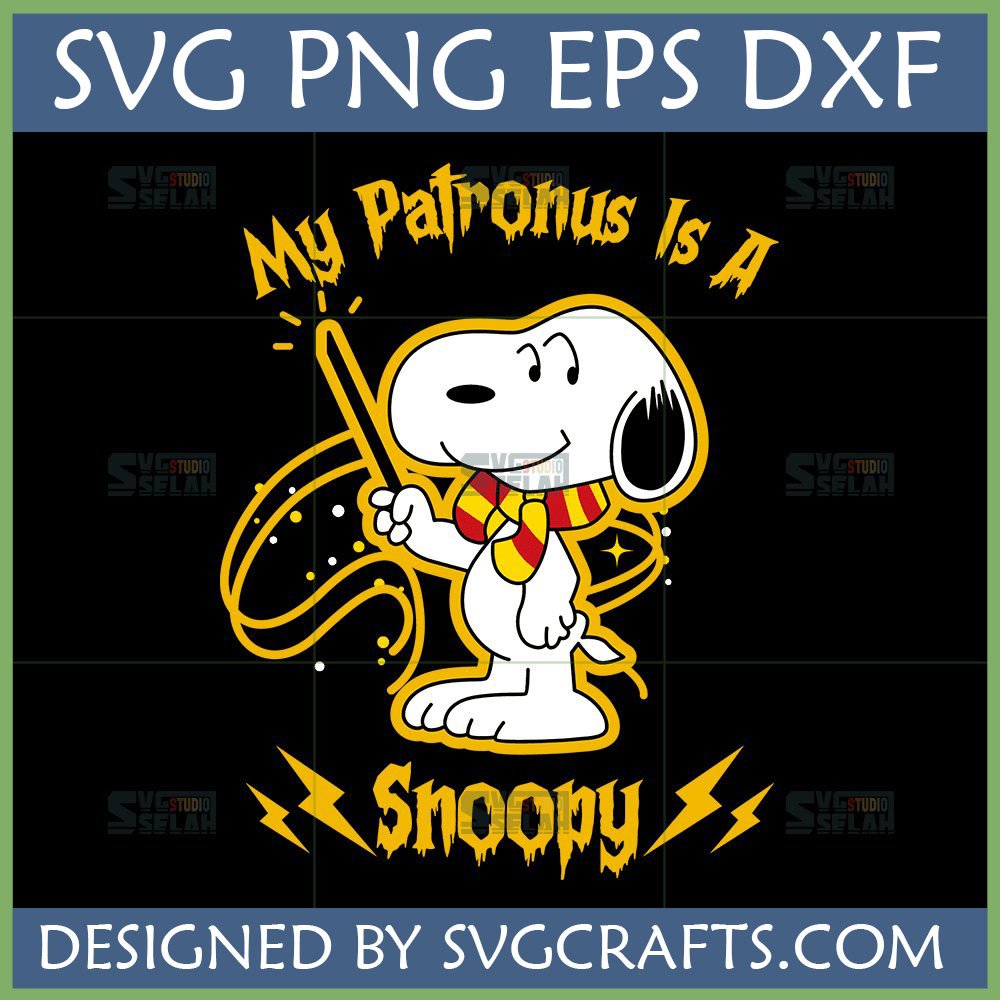 Snoopy Harry Potter Patronus SVG design showing Snoopy in a Gryffindor scarf holding a magic wand, with text 'My Patronus Is A Snoopy'