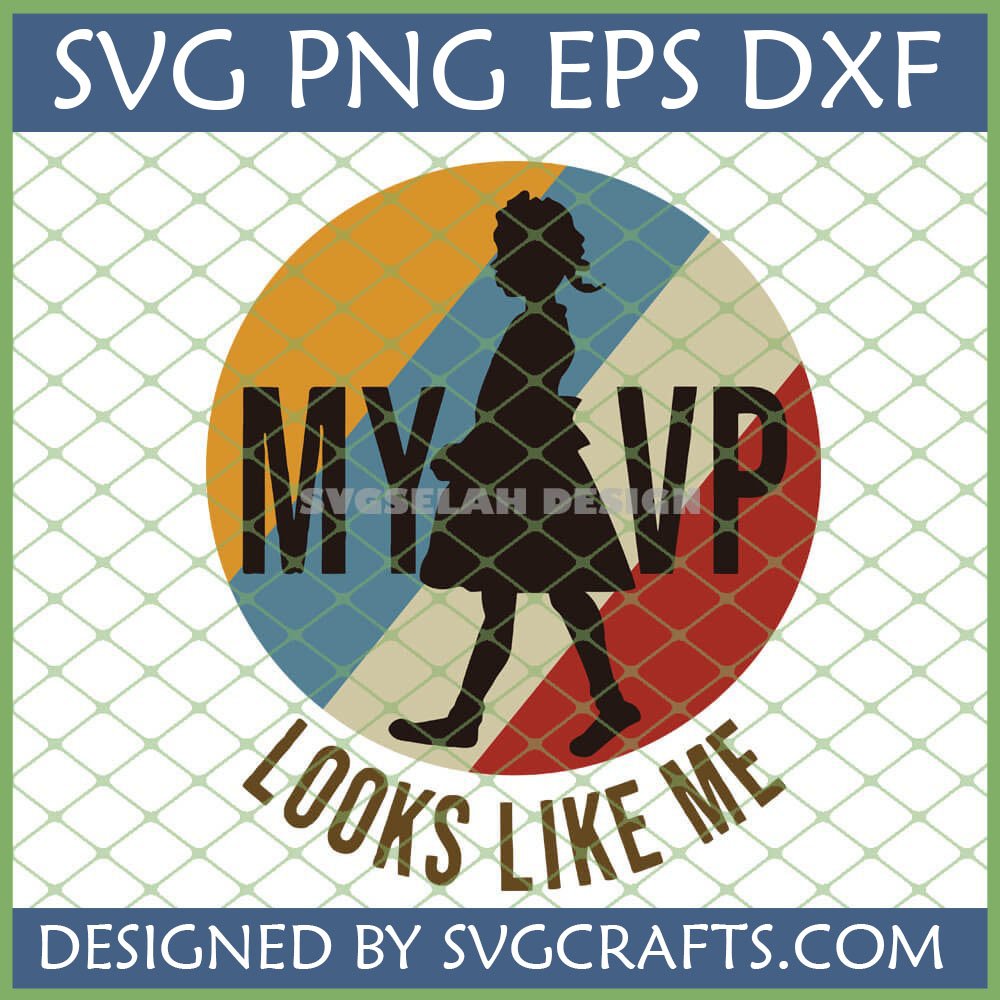 My VP Looks Like Me SVG digital file showing a retro-style woman's silhouette against colorful stripes for Cricut and sublimation