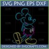 Vibrant Mickey Mouse Neon Outline SVG design by SVGCrafts, featuring the iconic character in blue, pink, and yellow glowing lines for crafting.