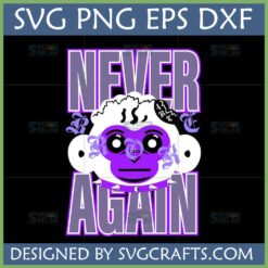 Never Again Monkey SVG Design with purple text and edgy monkey with spiked collar