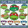 TMNT SVG Bundle featuring all four Ninja Turtles heads and masks for Cricut and Silhouette projects.