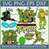 A collection of classic Teenage Mutant Ninja Turtles SVG PNG DXF EPS files featuring Leonardo, Donatello, Michelangelo, and Raphael in various poses, along with TMNT logos, a mask, and a turtle shell, ideal for Cricut and crafting.