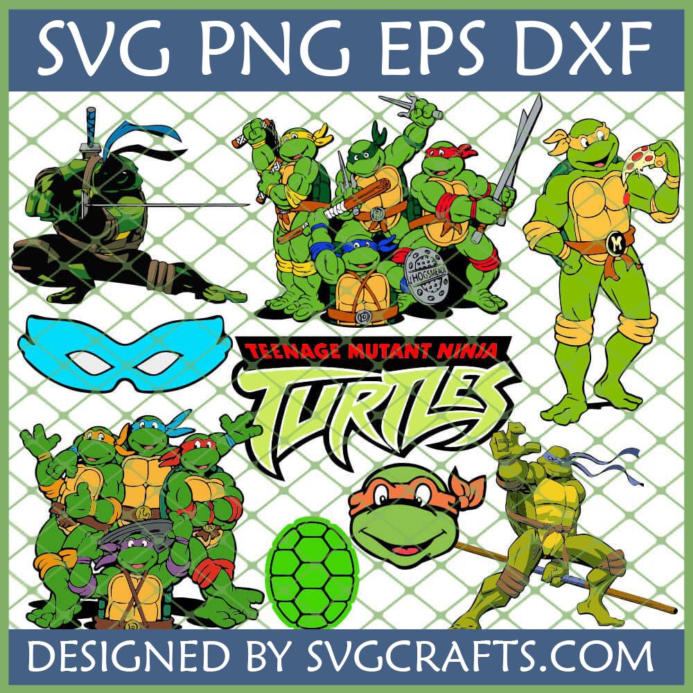 A collection of classic Teenage Mutant Ninja Turtles SVG PNG DXF EPS files featuring Leonardo, Donatello, Michelangelo, and Raphael in various poses, along with TMNT logos, a mask, and a turtle shell, ideal for Cricut and crafting.