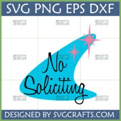 Retro Mid Century Modern No Soliciting SVG with teal boomerang shape and pink atomic starbursts