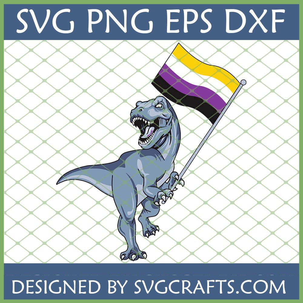 Nonbinary Pride Dinosaur SVG holding a non-binary flag for Cricut and Silhouette projects