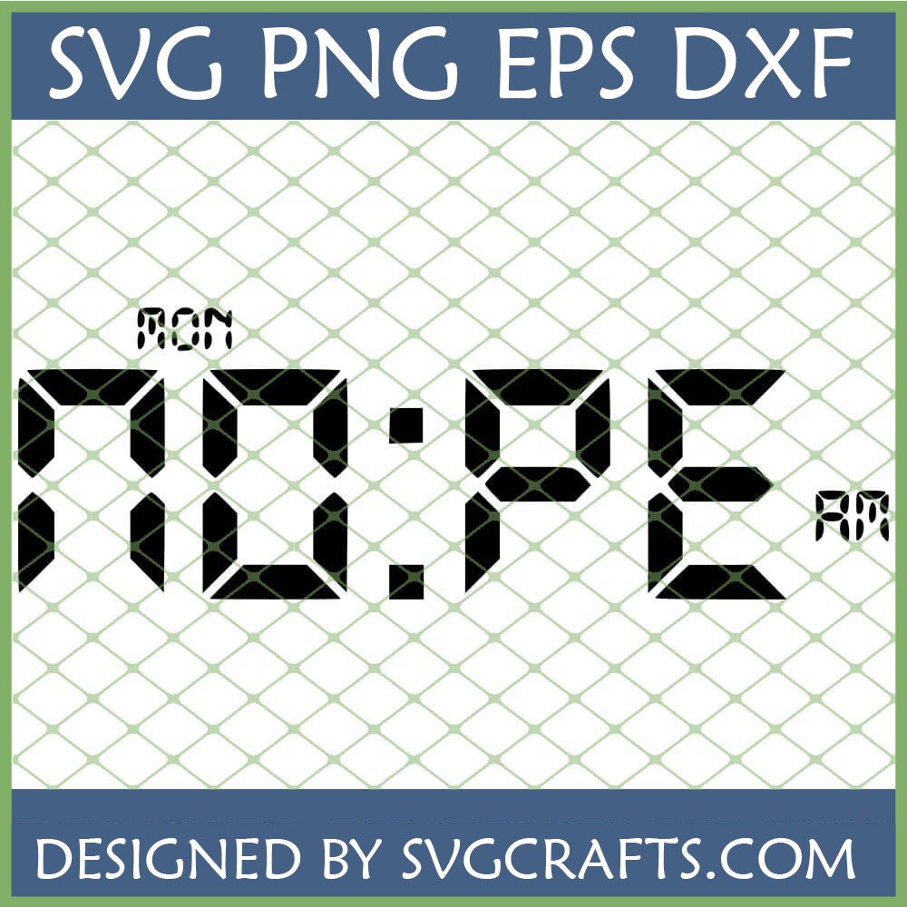 Retro Digital Clock SVG showing 'MON 7:02 AM' in a 7-segment display style on a green grid background, with 'SVG PNG EPS DXF' banner.