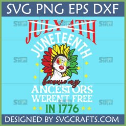 Juneteenth SVG design featuring a Black woman with Pan-African colored hair and 'Ancestors Weren't Free in 1776' text, ideal for Cricut and sublimation.