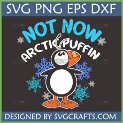 Funny Arctic Puffin SVG design with 'Not Now Arctic Puffin' text and snowflakes, perfect for winter crafting.