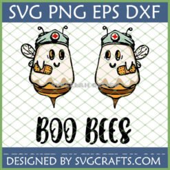 Funny Boo Bees Nurse SVG design featuring two ghost-like bees wearing nurse caps with red crosses and band-aids, with 'BOO BEES' text below.