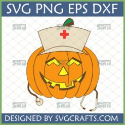 A smiling, cartoonish pumpkin wearing a nurse's cap with a red cross and holding a stethoscope, featuring the text "Funny Nurse Pumpkin SVG".