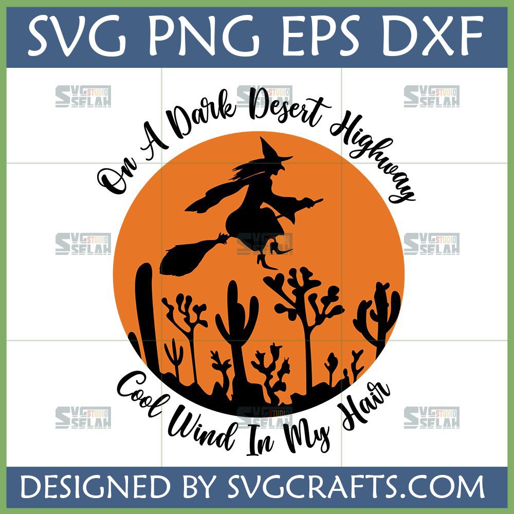 Witch flying on broomstick over desert highway with full moon SVG design for Halloween crafting