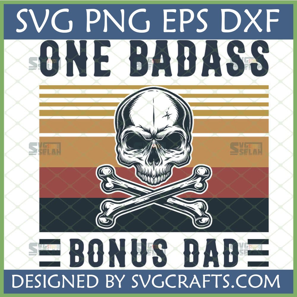 Badass Bonus Dad SVG design with retro stripes and skull and crossbones graphic for Cricut and sublimation