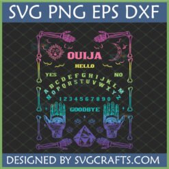 Vibrant Neon Ouija Board SVG Design with Skeleton Hands and Mystical Symbols for Halloween Crafts