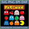 Pac-Man SVG Bundle featuring the classic arcade game logo, Pac-Man character, red, pink, blue, orange, and white ghosts, and bonus fruits like cherries, strawberries, apples, melons, and oranges, all optimized for Cricut and Silhouette crafting.
