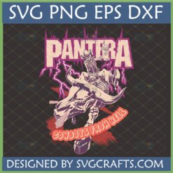 Pantera Cowboys From Hell SVG design featuring a skeleton cowboy riding a bull skull with lightning bolts, and the Pantera band logo.