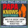 Funny Papa Knows Everything SVG for Father's Day t-shirt and mug, featuring father and child silhouettes.