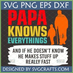 Funny Papa Knows Everything SVG for Father's Day t-shirt and mug, featuring father and child silhouettes.