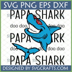 Funny Papa Shark SVG design with a blue cartoon shark wearing red sunglasses and 'doo doo' text, for Father's Day crafts.