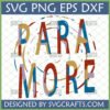 Vibrant distressed Paramore SVG design with multi-colored letters and swirling lines for Cricut crafting