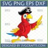 Cute red pirate parrot SVG digital file for Cricut and sublimation, wearing a black hat with skull and crossbones emblem.