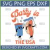 Retro cartoon hot dog and soda cup with 'Party in the USA' text, a perfect SVG for 4th of July crafts and patriotic celebrations.