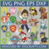 Paw Patrol SVG Bundle featuring Ryder, Chase, Marshall, Skye, Rocky, Zuma, Everest characters and badges for Cricut and crafting.