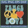Retro Peace Love SVG Design with groovy font, peace sign, daisy flower, and heart icon for 70s inspired crafts.