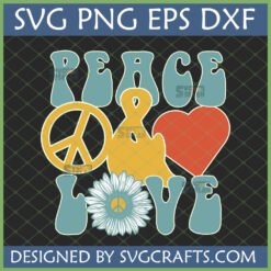 Retro Peace Love SVG Design with groovy font, peace sign, daisy flower, and heart icon for 70s inspired crafts.