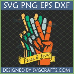 Peace and Love SVG design featuring a colorful, segmented hand making a peace sign with a 'Peace & Love' ribbon, perfect for Cricut and sublimation crafts.