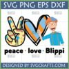 Blippi Peace Love SVG digital design for Cricut and sublimation, featuring Blippi character, peace sign, and heart in orange and blue.