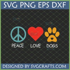 Peace Love Dogs SVG PNG EPS DXF digital design with peace sign, red heart, and orange paw print with heart.