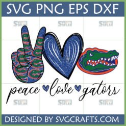 Florida Gators Peace Love SVG digital design featuring a peace sign with alligator texture, a glitter heart, and a fierce Gator head with 'peace love gators' text.