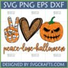 Peace Love Halloween SVG design featuring a skull peace sign, glitter heart, and jack-o'-lantern