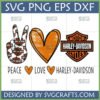 Peace Love Harley Davidson SVG design with peace sign made of Harley logos, distressed orange heart, and classic Harley-Davidson shield. Ideal for Cricut and sublimation crafts.