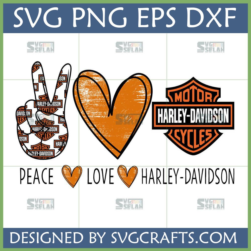 Peace Love Harley Davidson SVG design with peace sign made of Harley logos, distressed orange heart, and classic Harley-Davidson shield. Ideal for Cricut and sublimation crafts.