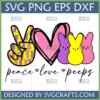 Peace Love Peeps SVG design with peace sign, pink heart, and colorful marshmallow bunnies (Peeps) for Easter crafts.