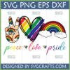 LGBTQ Pride SVG Bundle with rainbow peace sign, heart, and arch, text Peace Love Pride