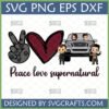Peace Love Supernatural SVG PNG DXF EPS design featuring chibi Dean, Sam, Castiel, and Crowley with the Impala.