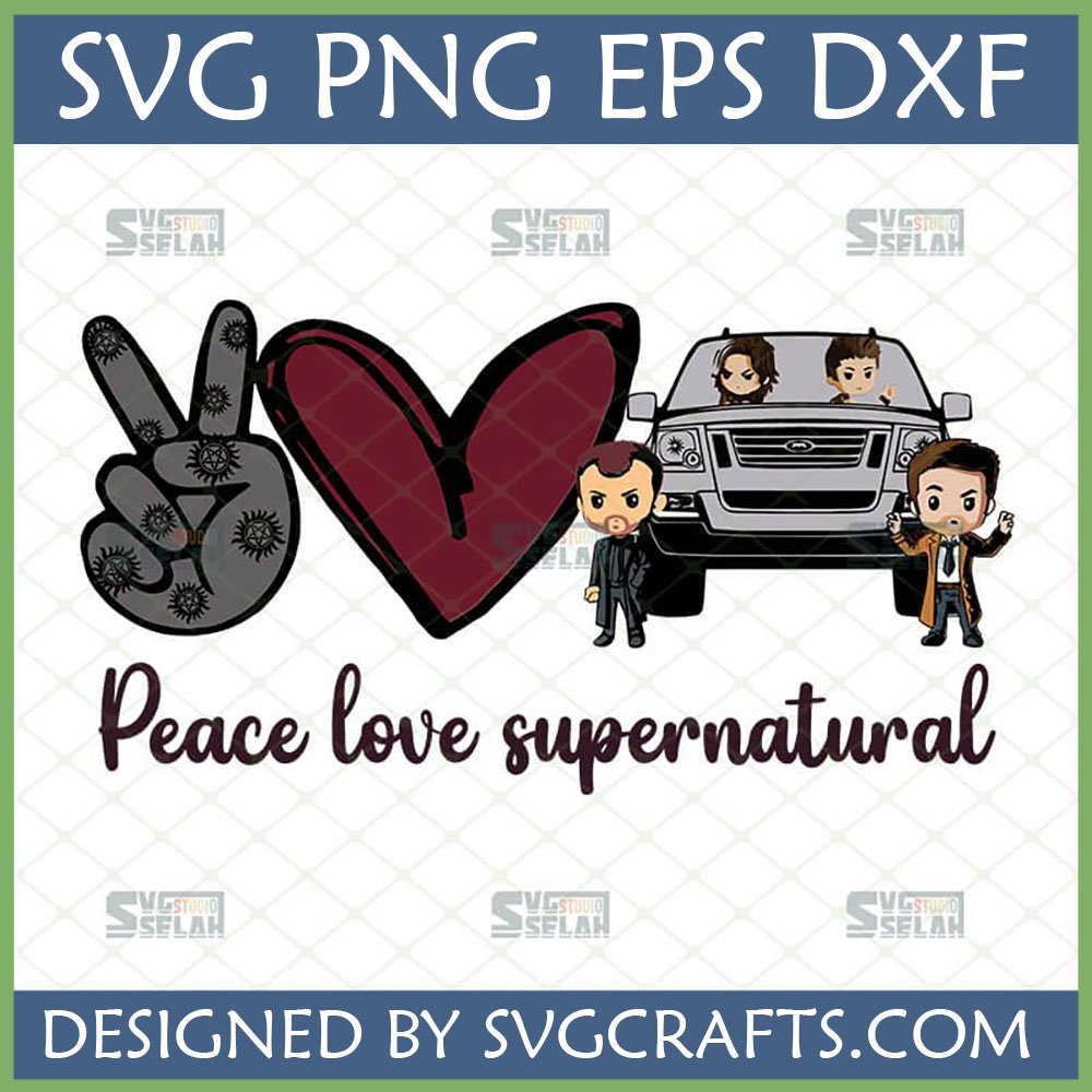 Peace Love Supernatural SVG PNG DXF EPS design featuring chibi Dean, Sam, Castiel, and Crowley with the Impala.