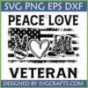 Peace Love Veteran SVG design with distressed American flag, peace sign, heart, and military combat boots for Cricut and sublimation crafts.