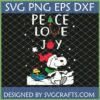 Snoopy Christmas Peace Love Joy SVG with Snoopy and Woodstock sleigh riding through snow