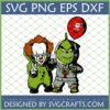 Grinch Pennywise SVG Bundle for Cricut and Sublimation, featuring chibi Pennywise with a peace sign and Grinch with a Santa balloon, perfect for Horror Christmas designs.