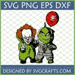 Grinch Pennywise SVG Bundle for Cricut and Sublimation, featuring chibi Pennywise with a peace sign and Grinch with a Santa balloon, perfect for Horror Christmas designs.