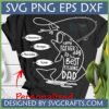 Black t-shirt with white Personalized Fishing Dad SVG design, showing a leaping fish, fishing rod, and four custom name lures.