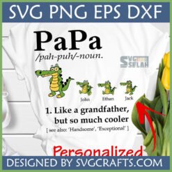 White t-shirt displaying a Personalized Papa Alligator SVG design with a cool alligator and three smaller alligators with names John, Ethan, Jack.