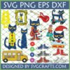 Pete the Cat SVG Bundle with various characters, school bus, guitar, and shoes for Cricut and Silhouette projects