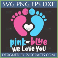 Pink and blue baby feet with a heart and 'pink or blue we love you' text, an SVG design for gender reveal.