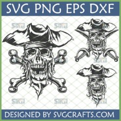 A detailed Pirate Skull with Bones SVG Bundle featuring a grungy skull wearing a tricorn pirate hat with crossed bones and sabers, perfect for Cricut projects.