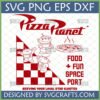 Pizza Planet Little Green Men SVG for Cricut and Sublimation, featuring Toy Story aliens and logo on a checkered background.