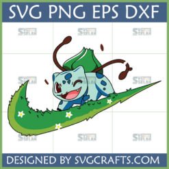 Cute Bulbasaur winking on a leafy Nike swoosh parody SVG design file